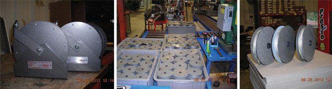 Delmaco Manufacturing Inc. makes industrial strength reels, essentially coiled spring steel lengths housed inside a round cup with a cable wrapped around it, much like a fishing line and reel.