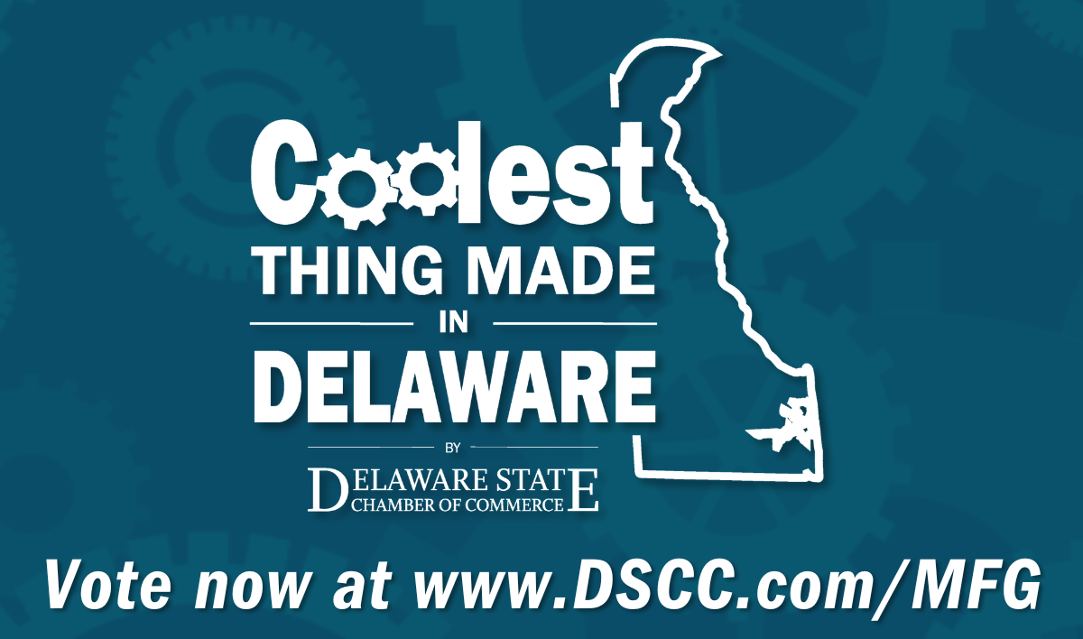 A blue image with white text that says Coolest Thing Made In Delaware competition Vote now at www.DSCC.com/MFG