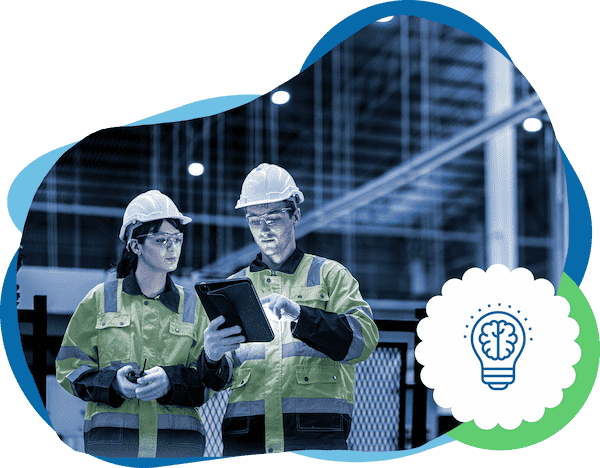 A graphic of two people in wearing hard hats with an icon of three gears on the right