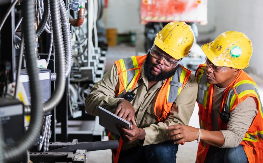 Two factory workers wearing visibility and safety equipment while examining a piece of machinery